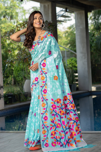 Dhiyona GR Women's Ruhani Sky Blue Cotton Jamdani Saree