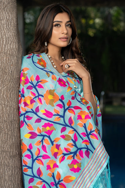 Dhiyona GR Women's Ruhani Sky Blue Cotton Jamdani Saree