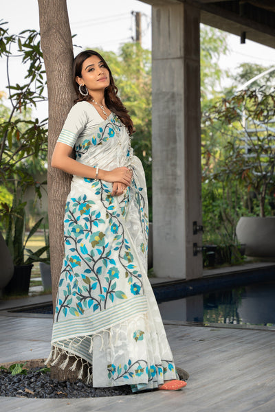 Indyancart GR Women's Ruhani Marshmallow White Cotton Jamdani Saree