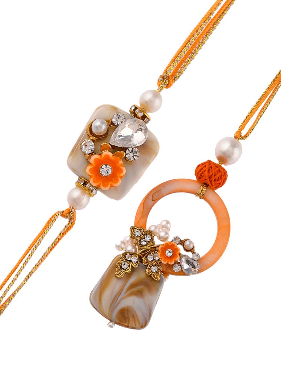 Anouk Orange Beaded Bhaiya Bhabhi Rakhi With Roli Chawal & Greeting Card
