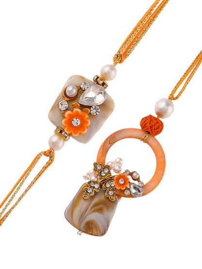 Anouk Orange Beaded Bhaiya Bhabhi Rakhi With Roli Chawal & Greeting Card