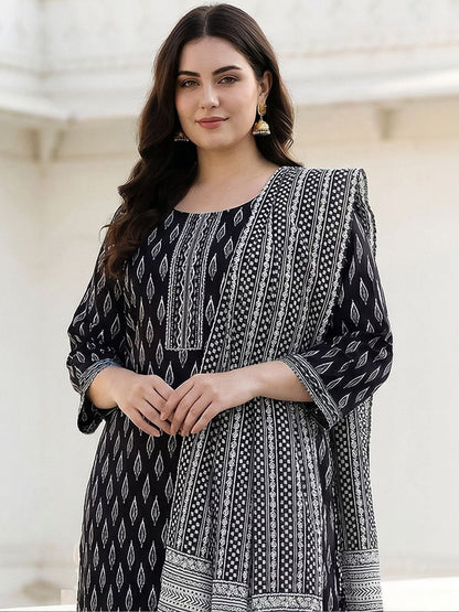 Indyancart Women's Ethnic Motifs Printed Mirror Work Pure Cotton Kurta with Palazzos & With Dupatta