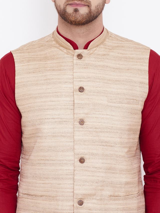Men's Maroon Cotton Blend Straight Jacket  Kurta and Pyjama Set