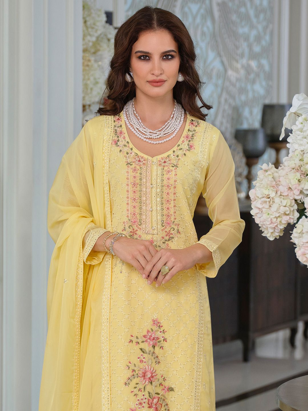 Adults-Women Woven Design Embroidered Kurta with Trousers & Dupatta