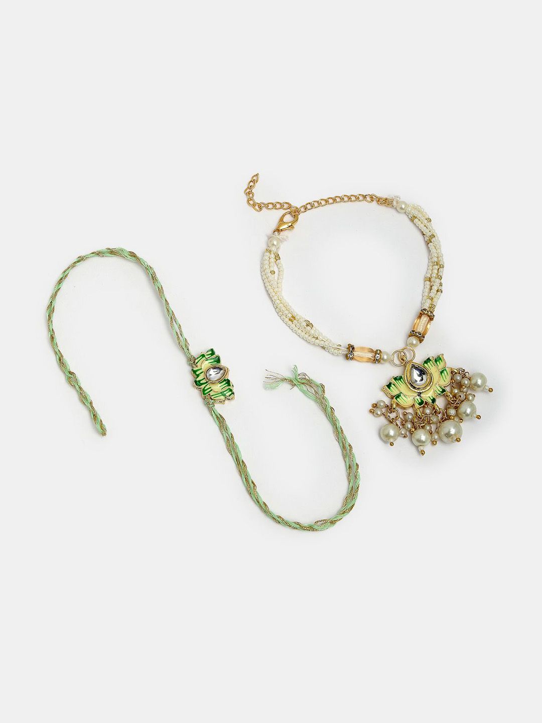 Anouk Unisex Set Of 2 Green Lotus Shape Kundan-Studded & Beaded Wraparound Rakhi Set