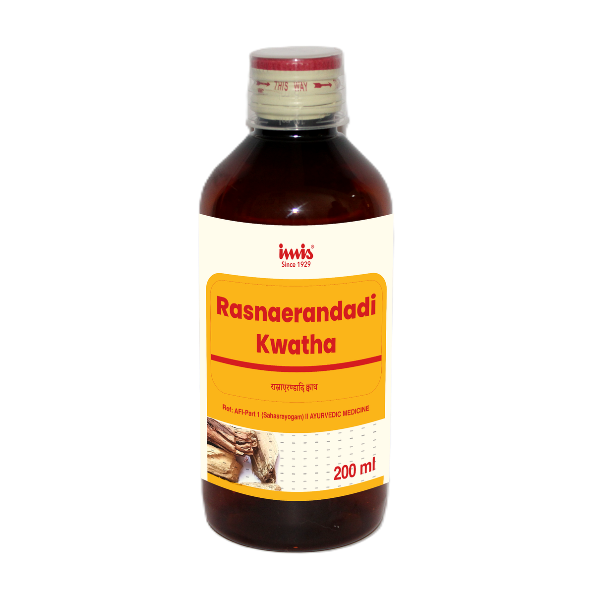 IMIS Ayurveda Rasnaerandadi Kwatha Ayurvedic syrup in a 200ml bottle, with traditional herbal ingredients visible.