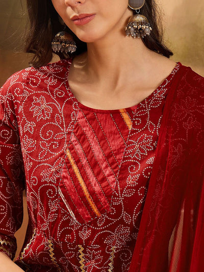 Indyancart SN Women's Printed With Gota Patti Pure Cotton Anarkali Kurta with Trousers & Dupatta