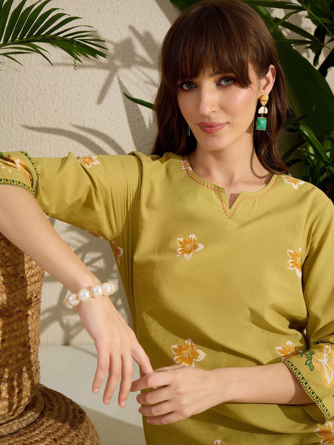 Indyancart IE Printed Notch Neck Straight Pure Cotton Kurta With Pants
