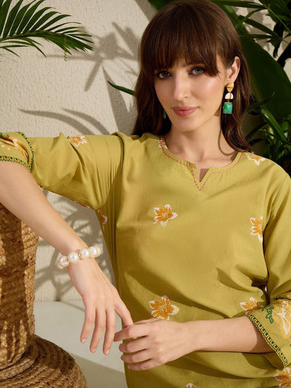 Indyancart IE Printed Notch Neck Straight Pure Cotton Kurta With Pants