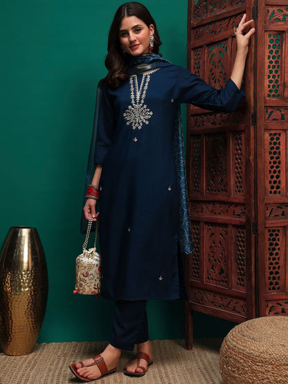 Indyancart SN Women's Sequin Embroidered Straight Kurta & Trousers With Dupatta