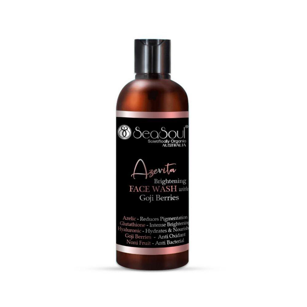 SeaSoul Azevita face wash for brightening facial skin, with a clear bottle and white cream, in a beauty and personal care setting.