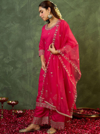Indyancart IE Women Ethnic Motifs Embroidered Regular Thread Work Kurta with Palazzos & With Dupatta
