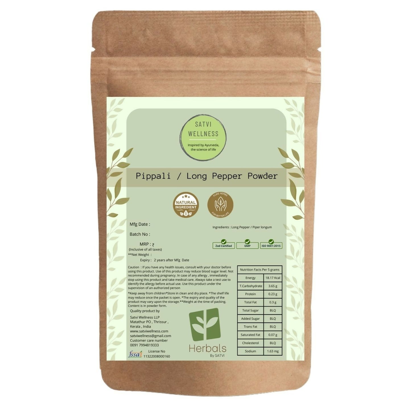 Satvi Wellness Kerala Pippali Ayurvedic powder in a jar, showcasing vibrant dried pippali peppers used for health remedies.