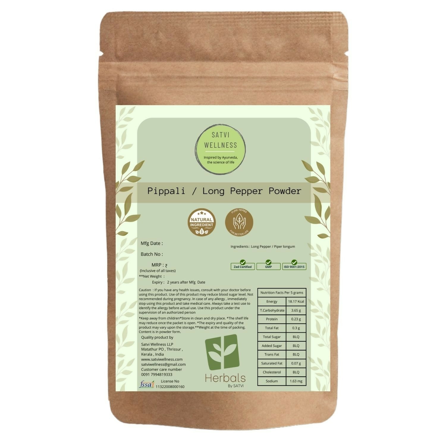 Satvi Wellness Kerala Pippali Ayurvedic powder in a jar, showcasing vibrant dried pippali peppers used for health remedies.
