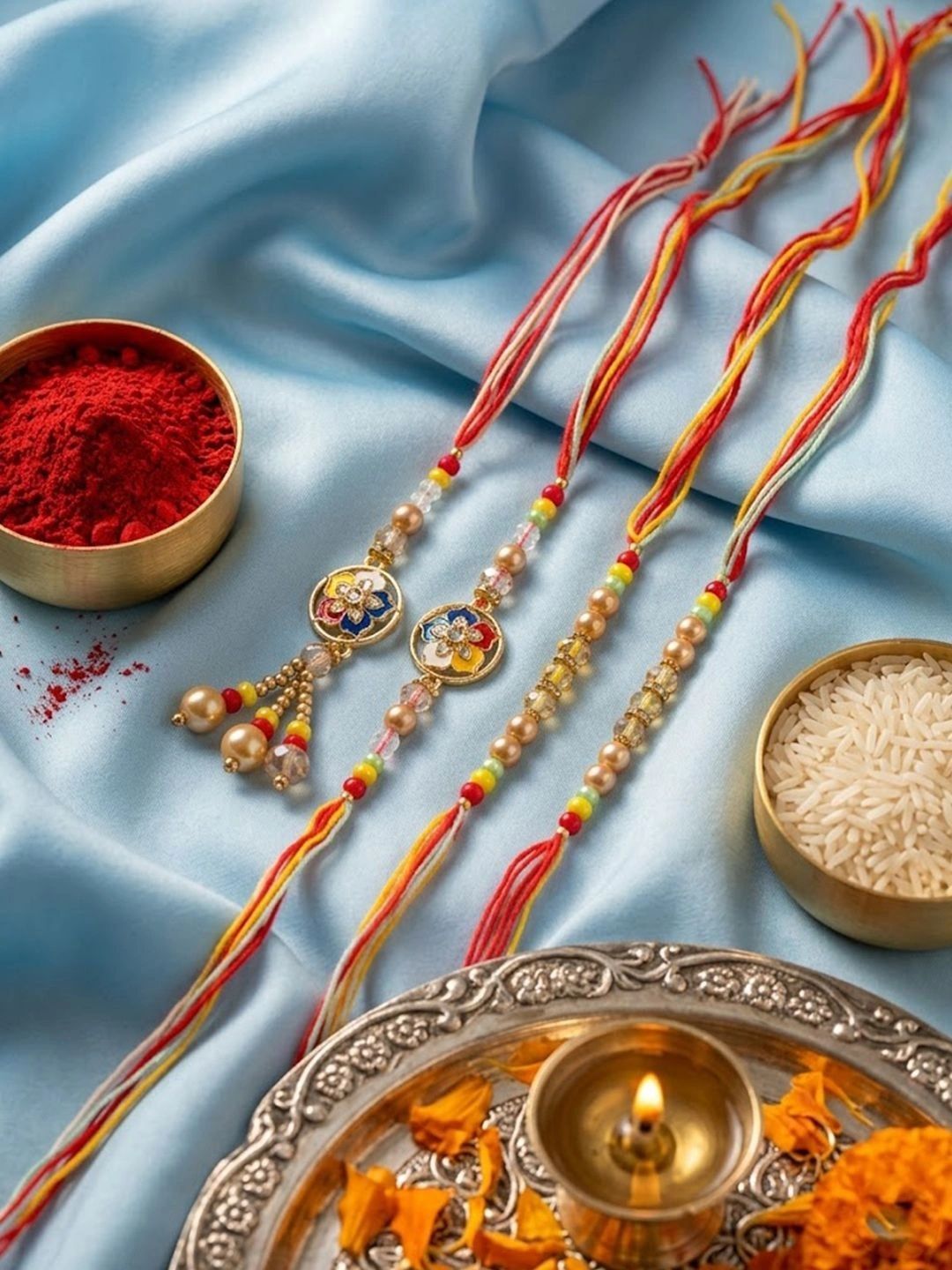 Anouk Set Of 4 Artificial Beads Family Pack Thread Rakhi With Roli Chawal Chandan Mishri