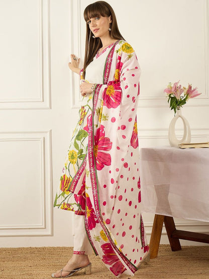 Floral Printed V-Neck Pure Cotton Straight Kurta With Trousers & Dupatta