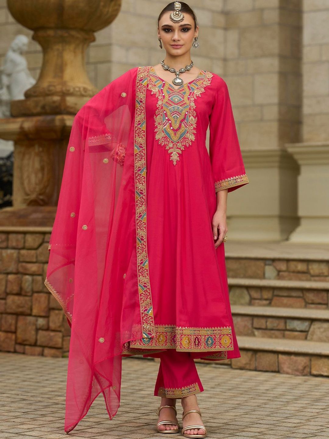 Women Geometric Embroidered A-Line Kurta with Trousers & Dupatta
