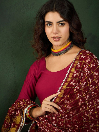 Indyancart SN Women's Maroon Anarkali Kurta With Trousers & Bandhani Dupatta