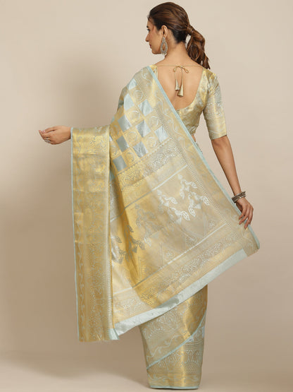 Indyancart RV Women's Royal Banarasi Cotton Silk Zari Woven Saree with Matching Blouse ( KVD1696 )