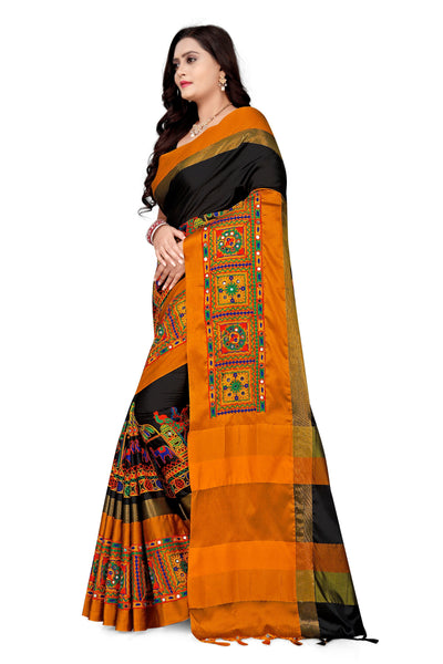 Indyancart RV Women's Cotton Silk with Kutchi Embroidered Work Saree ( KVD1032 )