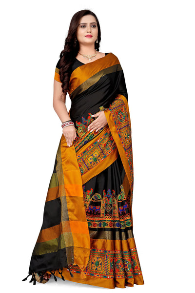 Indyancart RV Women's Cotton Silk with Kutchi Embroidered Work Saree ( KVD1032 )