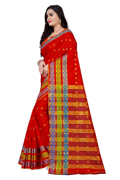 Indyancart RV Women's Jacquard Cotton Silk Zari Butti And Heavy Lace Border Saree With Blouse ( KVD1052 )