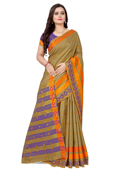 Indyancart RV Women's Jacquard Cotton Silk Zari Butti And Heavy Lace Border Saree With Blouse ( KVD1053 )