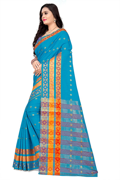 Indyancart RV Women's Jacquard Cotton Silk Zari Butti And Heavy Lace Border Saree With Blouse ( KVD1054 )