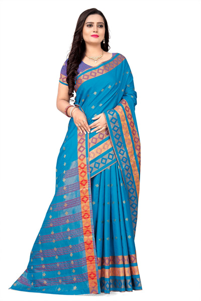 Indyancart RV Women's Jacquard Cotton Silk Zari Butti And Heavy Lace Border Saree With Blouse ( KVD1054 )