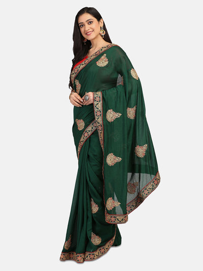 Indyancart RV Women's Vichitra Silk With Cording Embroidery Work Exclusive Saree With Blouse ( KVD1056 )