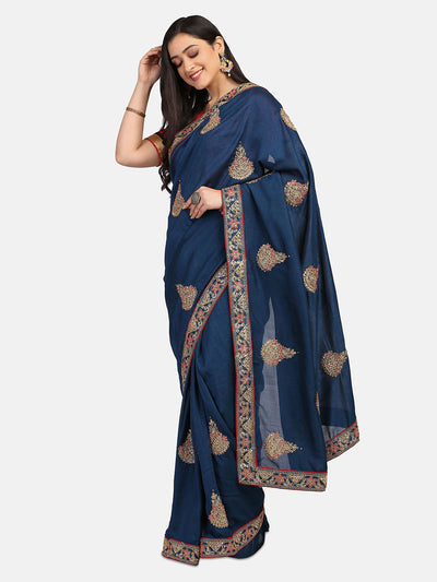 Indyancart RV Women's Vichitra Silk With Cording Embroidery Work Exclusive Saree With Blouse ( KVD1059 )