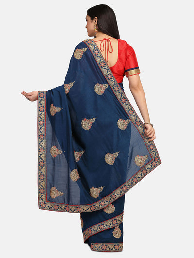 Indyancart RV Women's Vichitra Silk With Cording Embroidery Work Exclusive Saree With Blouse ( KVD1059 )