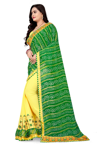 Indyancart RV Women's Bandhani Georgette With Embroidery And Ruffle Saree With Blouse  ( KVD1060 )