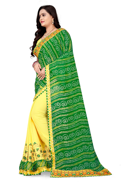 Indyancart RV Women's Bandhani Georgette With Embroidery And Ruffle Saree With Blouse  ( KVD1060 )