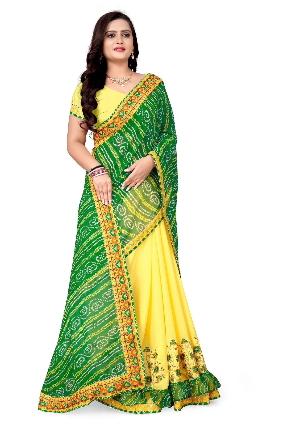 Indyancart RV Women's Bandhani Georgette With Embroidery And Ruffle Saree With Blouse  ( KVD1060 )