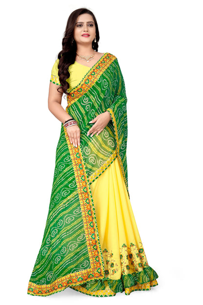 Indyancart RV Women's Bandhani Georgette With Embroidery And Ruffle Saree With Blouse  ( KVD1060 )
