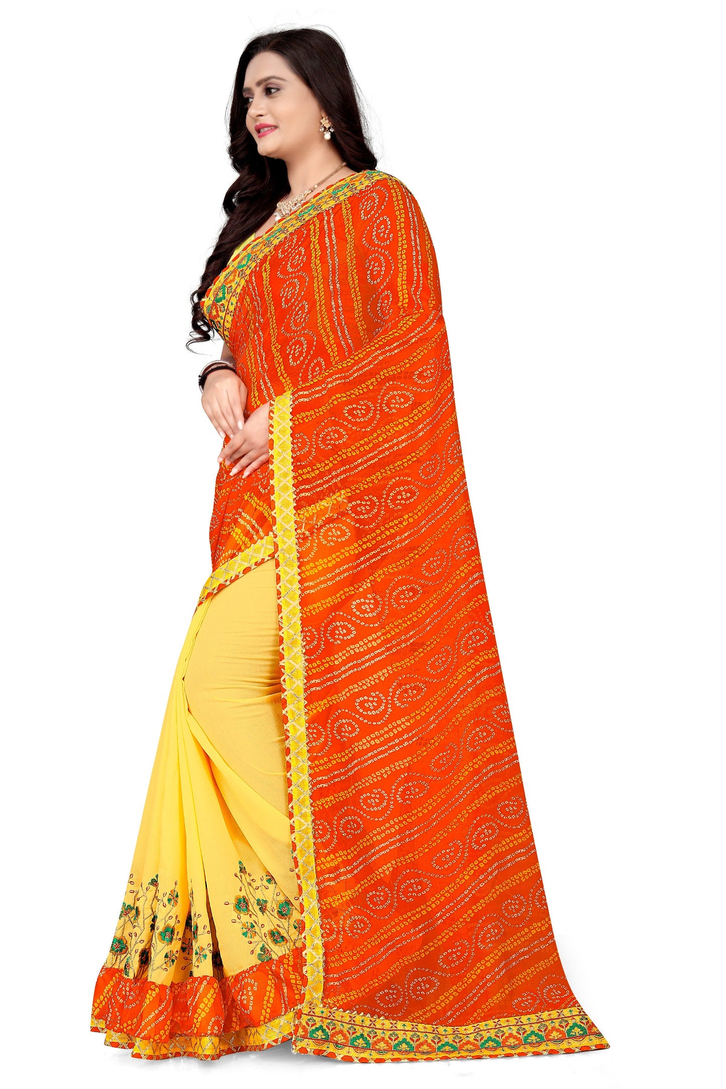 Dhiyona RV Women's Bandhani Georgette With Embroidery And Ruffle Saree With Blouse  ( KVD1061 )