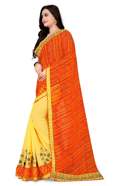 Indyancart RV Women's Bandhani Georgette With Embroidery And Ruffle Saree With Blouse  ( KVD1061 )
