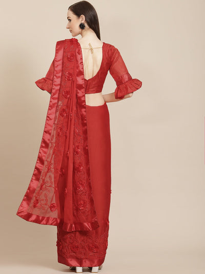 Indyancart RV Women's Chiffon Fabric With Satin Ribbon Flower And Cording Emboirdered Saree With Blouse ( KVD1065 )