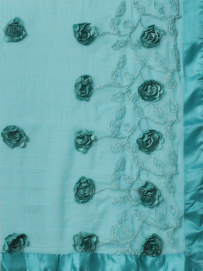 Indyancart RV Women's Chiffon Fabric With Satin Ribbon Flower And Cording Emboirdered Saree With Blouse ( KVD1066 )