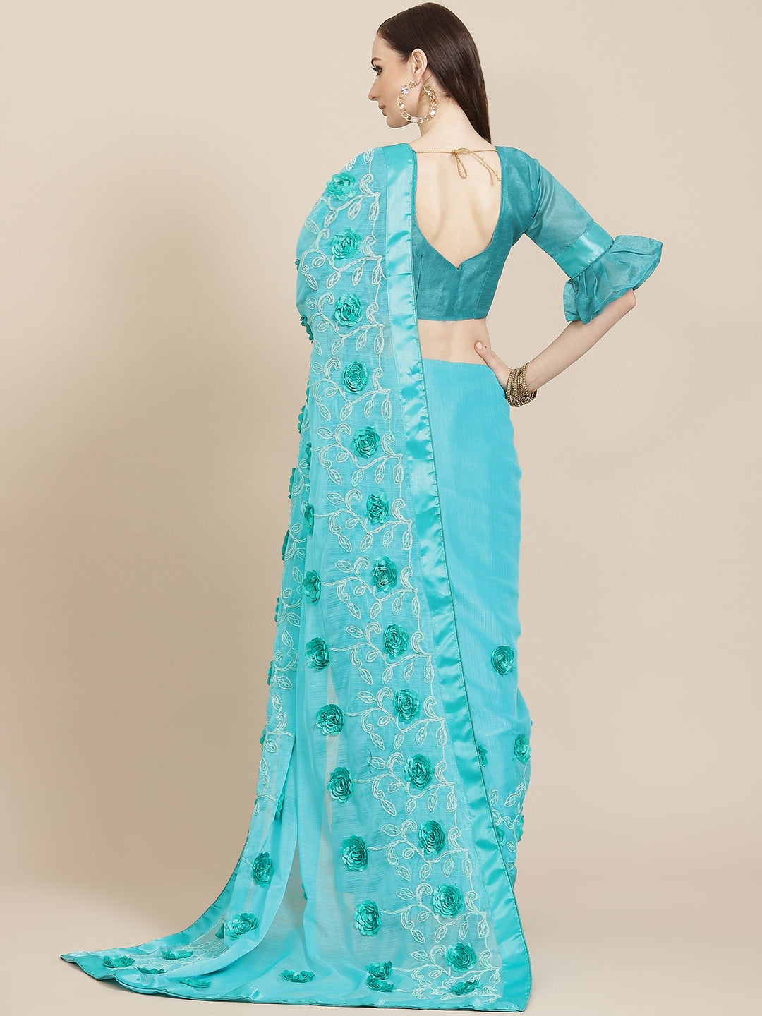 Indyancart RV Women's Chiffon Fabric With Satin Ribbon Flower And Cording Emboirdered Saree With Blouse ( KVD1066 )