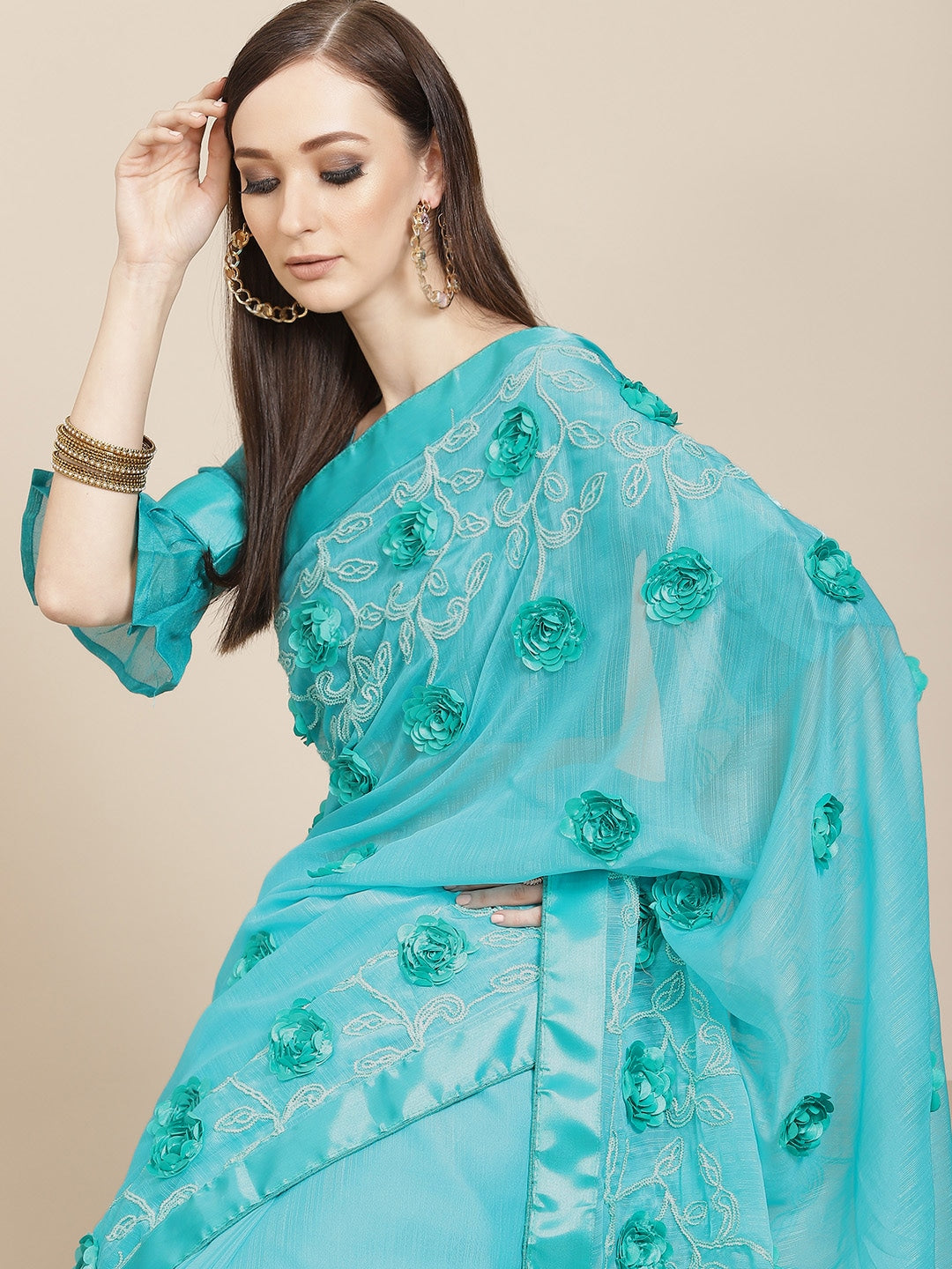 Indyancart RV Women's Chiffon Fabric With Satin Ribbon Flower And Cording Emboirdered Saree With Blouse ( KVD1066 )