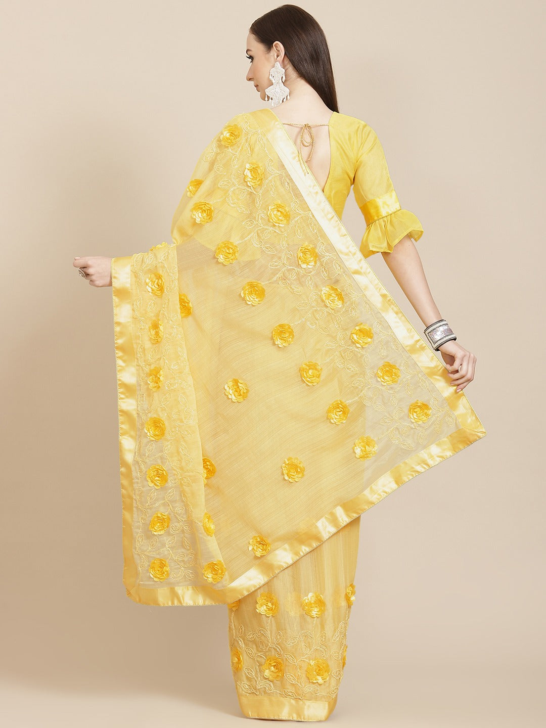 Indyancart RV Women's Chiffon Fabric With Satin Ribbon Flower And Cording Emboirdered Saree With Blouse ( KVD1067 )
