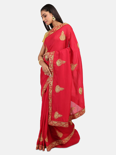 Indyancart RV Women's Vichitra Silk With Cording Embroidery Work Exclusive Saree With Blouse ( KVD1078 )