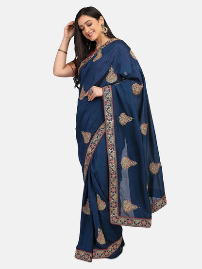 Dhiyona RV Women's Vichitra Silk With Cording Embroidery Work Exclusive Saree With Blouse ( KVD1080 )