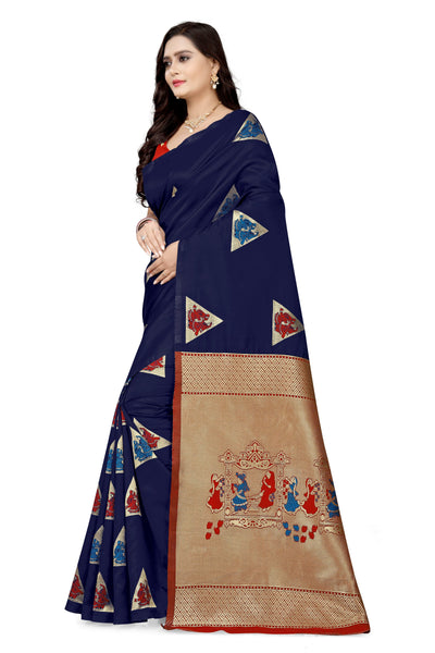 Indyancart RV Women's Banarasi Silk With Silver Zari Weaving Saree With Blouse ( KVD1125 )