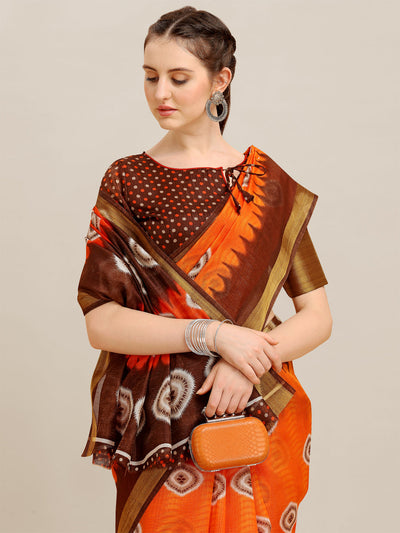 Indyancart RV Women's Poly Cotton With Prizam Print Zari Broad Border And Printed Saree ( KVD1291 )