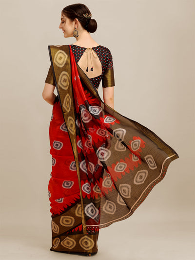 Indyancart RV Women's Poly Cotton With Prizam Print Zari Broad Border And Printed Saree ( KVD1295 )