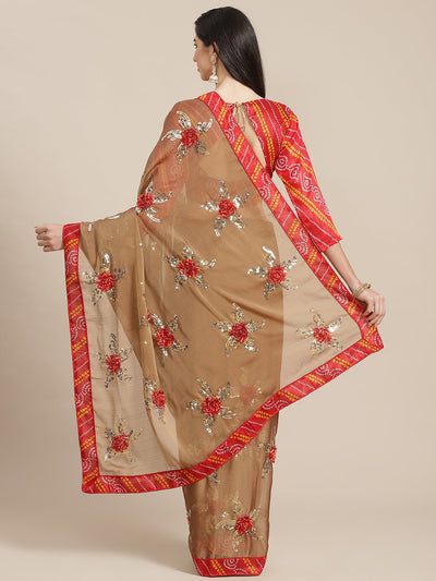 Indyancart RV Women's Chiffon Saree With Sequine Embroidered Work And Bandhani Flowers. ( KVD1312 )