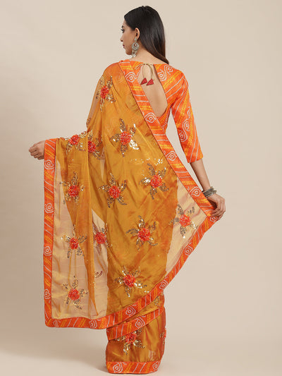 Indyancart RV Women's Chiffon Saree With Sequine Embroidered Work And Bandhani Flowers. ( KVD1313 )